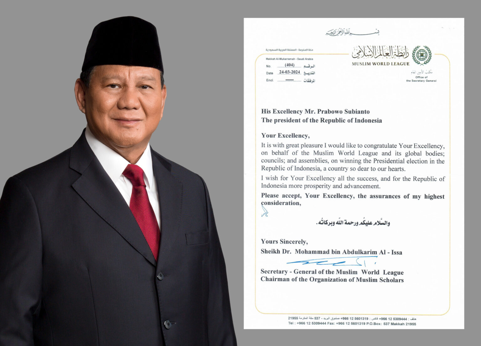 World Muslim League extends congratulations to Prabowo Subianto on his Presidential victory